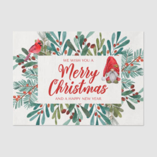 Merry Christmas Gnome, Red Cardinal, Holly Berry Tissue Paper