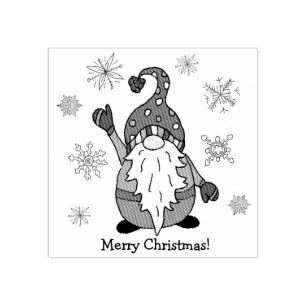 Merry Christmas Gnome Waving with Snowflakes Rubber Stamp