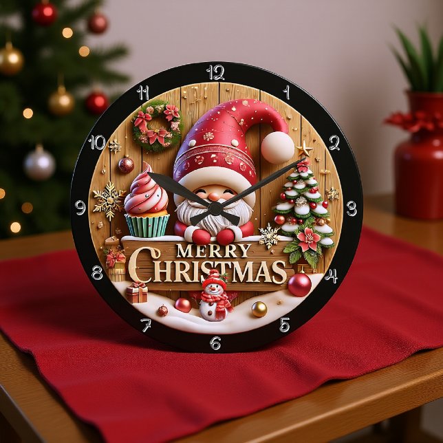 Merry Christmas Gnome with Cupcake Large Clock (Creator Uploaded)