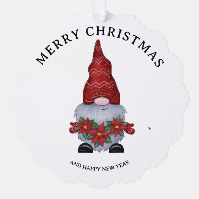 Merry Christmas Gnome With Glitter Poinsettia  Tree Decoration Card (Front)