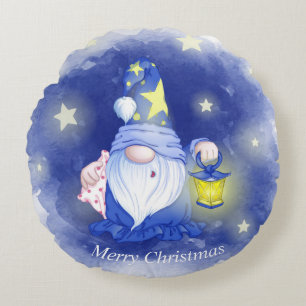 Merry Christmas Gnome with Lantern Watercolor Round Cushion