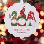 Merry Christmas Gnomes Cute Personalised Tree Decoration Card<br><div class="desc">Cute personalised holiday ornament card featuring three Scandinavian-style gnomes with a seasonal red and green hats. You can easily personalise the "Merry Christmas" greeting and your name at the bottom.</div>