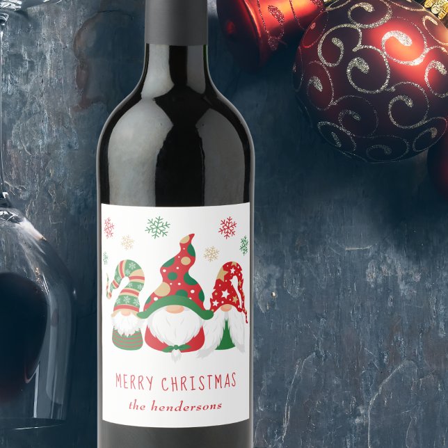 Merry Christmas Gnomes Cute Personalised Wine Label (Christmas gnomes bring joy, laughter, and a touch of magic to your holiday season table and gifts)