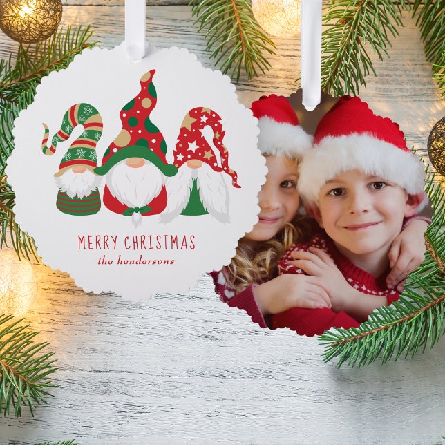 Merry Christmas Gnomes Cute Photo Tree Decoration Card (Share the love and warmth of the holiday season with a photo paper ornament card)