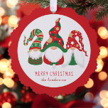Merry Christmas Gnomes Cute Red Tree Decoration Card<br><div class="desc">Cute holiday greeting card that can also be used as a gift tag and a paper tree ornament. The front features three Scandinavian-style gnomes with seasonal red and green hats. You can easily personalise the "Merry Christmas" greeting and your name at the bottom.</div>