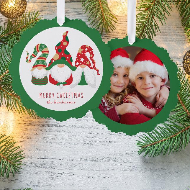 Merry Christmas Gnomes Green Photo Tree Decoration Card (Share the love and warmth of the holiday season with a photo paper ornament card)