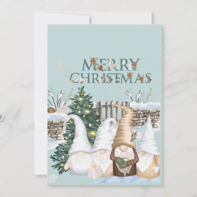 Merry Christmas Gnomes red and blue snow   Holiday Card (Front)