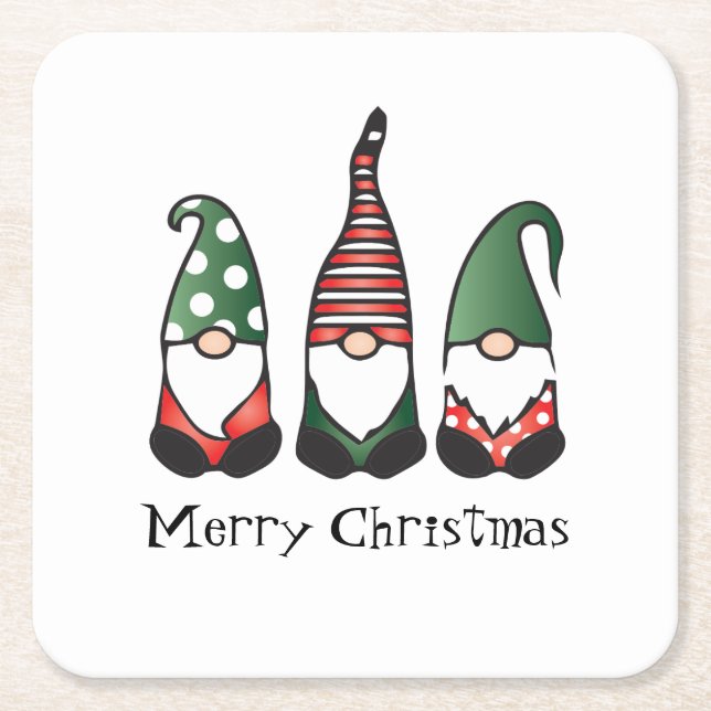 Merry Christmas Gnomes Red Green Square Paper Coaster (Front)