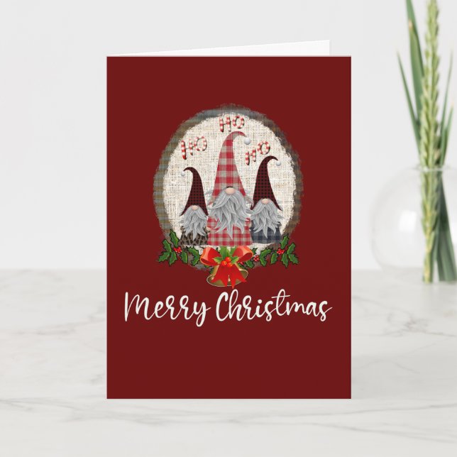 Merry Christmas Gnomes Red, Rustic, Plaid, Trendy Card (Front)