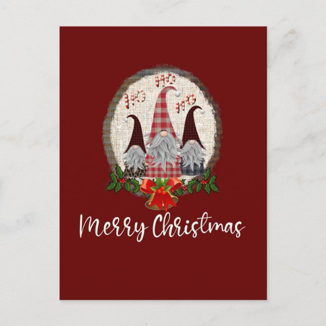 Merry Christmas Gnomes Red, Rustic, Plaid, Trendy Postcard (Front)