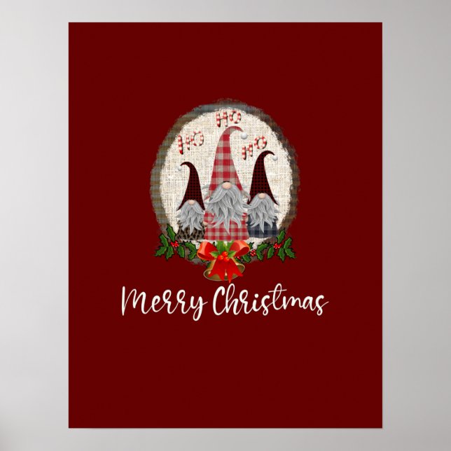 Merry Christmas Gnomes Red, Rustic, Plaid, Trendy  Poster (Front)