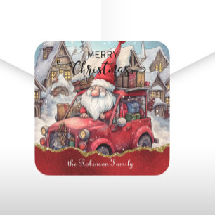 Merry Christmas Gnomes Red Vintage Truck Custom Square Sticker