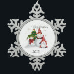 Merry Christmas Gnomes Snowman  Snowflake Pewter Christmas Ornament<br><div class="desc">Merry Christmas Gnomes Snowman snowflake pewter ornament.</div>