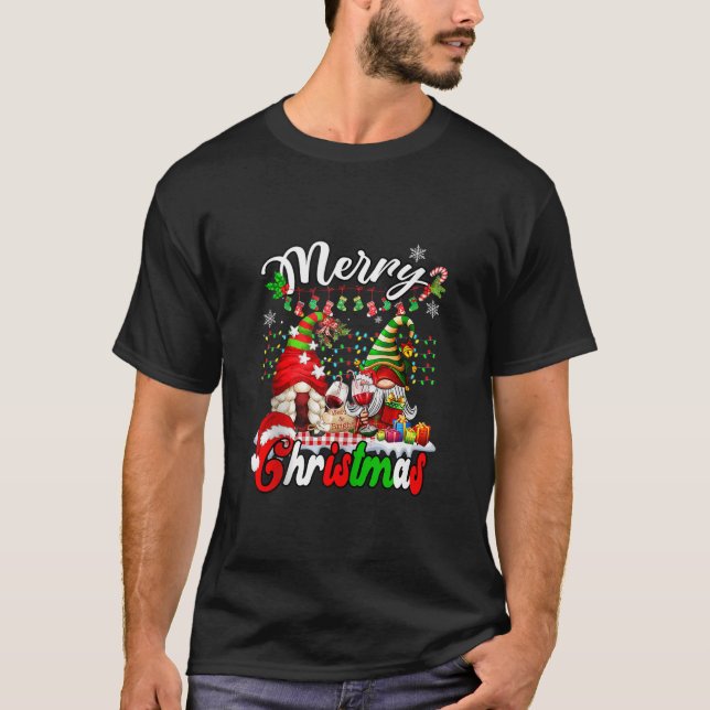 Merry Christmas Gnomes Wine Glass Family Plaid Xma T-Shirt (Front)