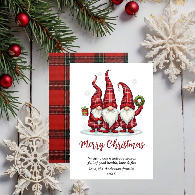 merry Christmas Gnomies red plaid non-photo Holiday Card (Creator Uploaded)