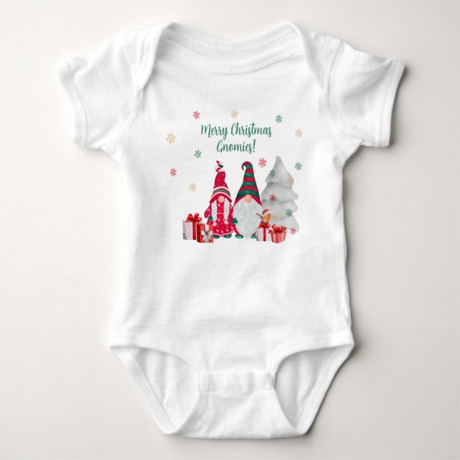 Merry Christmas Gnomies! Two Gnomes with Presents Baby Bodysuit (Front)