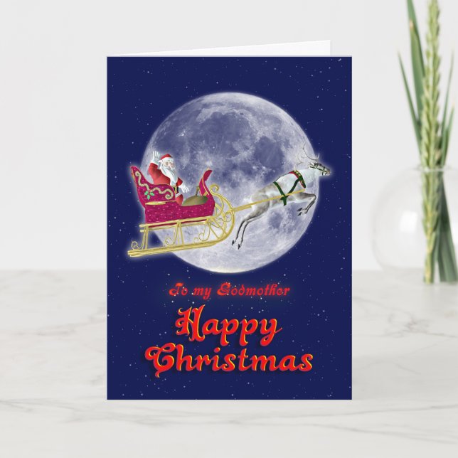 Merry Christmas godmother, santa in his sleigh Holiday Card (Front)