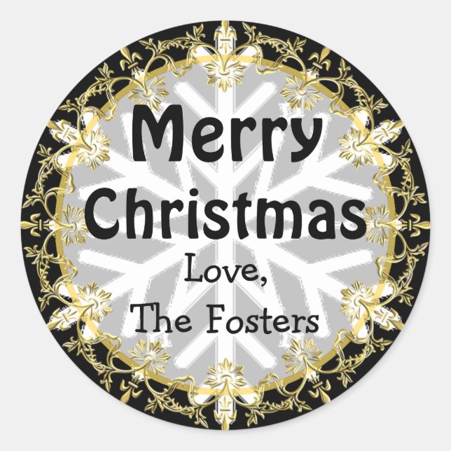 Merry Christmas Gold and Black Personalise Holiday Classic Round Sticker (Front)