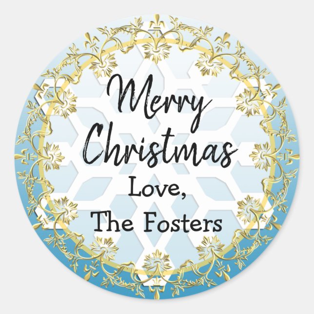 Merry Christmas Gold and Blue Personalise Holiday Classic Round Sticker (Front)