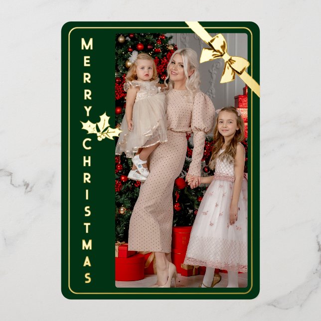 Merry Christmas gold and green family picture card (Front)