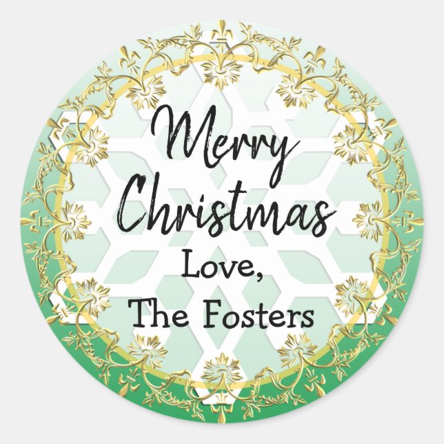 Merry Christmas Gold and Green Personalise Holiday Classic Round Sticker (Front)