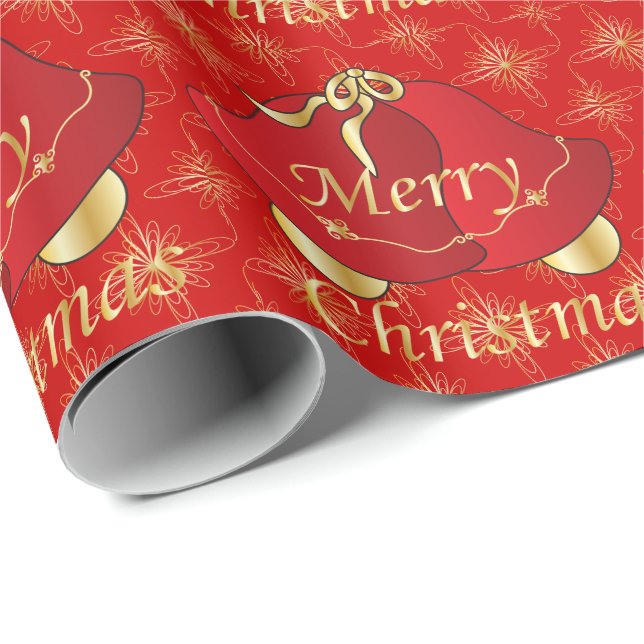 Merry Christmas Gold and Red Bells Wrapping Paper (Roll Corner)