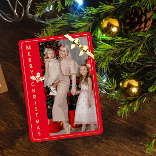 Merry Christmas gold and red family picture Foil Holiday Card