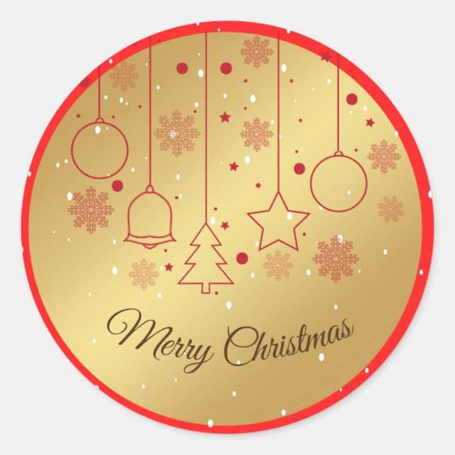 Merry Christmas gold and red ornaments Classic Round Sticker (Front)