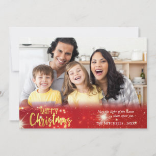 Merry Christmas, Gold and White Lights on Red Holiday Card