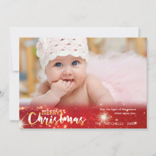 Merry Christmas, Gold and White Lights on Red Holiday Card