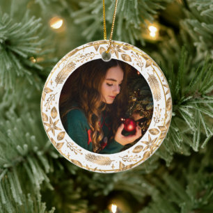Merry Christmas Gold Arch Elegant Photo Ceramic Ornament