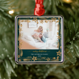 Merry Christmas Gold Arch Green Elegant Photo Metal Ornament