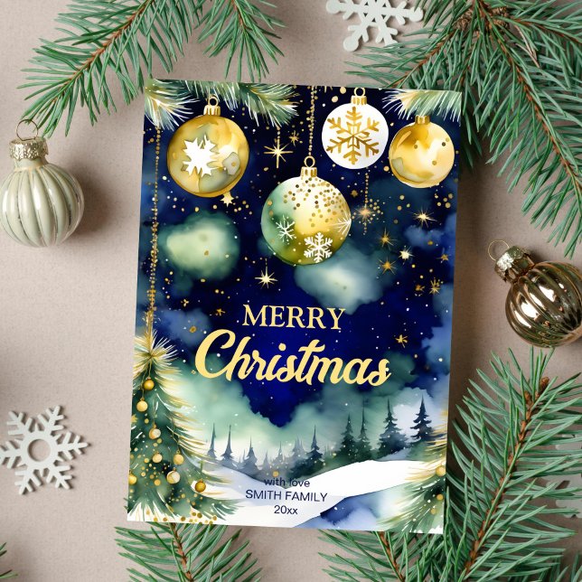 Merry Christmas gold baubles night watercolor Holiday Card (Merry Christmas holiday greeting card template digital download watercolor gold baubles starry night)