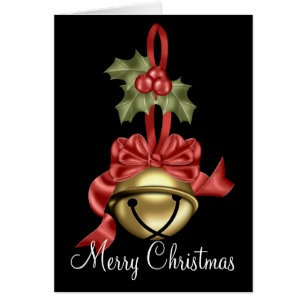 Merry Christmas Gold Bell Red Ribbon Card