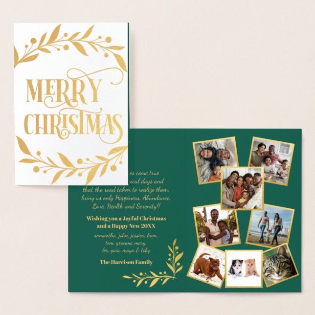Merry Christmas Gold Berries Green Photo Collage Foil Card (Display)