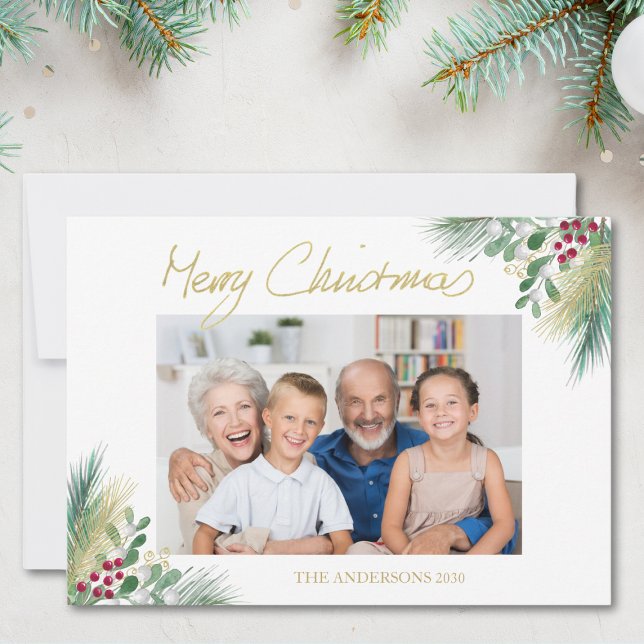 Merry Christmas Gold Berries Photo Christmas  Holiday Card (Creator Uploaded)