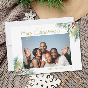 Merry Christmas Gold Berries Photo Christmas Holiday Card