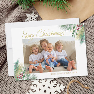 Merry Christmas Gold Berries Photo Christmas Holiday Card