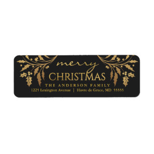 Merry Christmas Gold & Black Holly Return Address Return Address Label