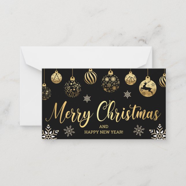 merry christmas gold black ornaments snowflakes   card (Front)