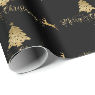 Merry Christmas Gold Black Pattern Typography Wrapping Paper