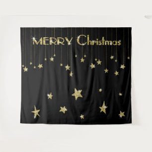 Merry Christmas Gold Black Photo Booth Backdrop Tapestry