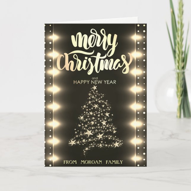 Merry Christmas,Gold Christmas Tree,String Lights Holiday Card (Front)