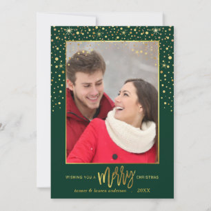 Merry Christmas Gold Confetti Holiday Photo-Green Card