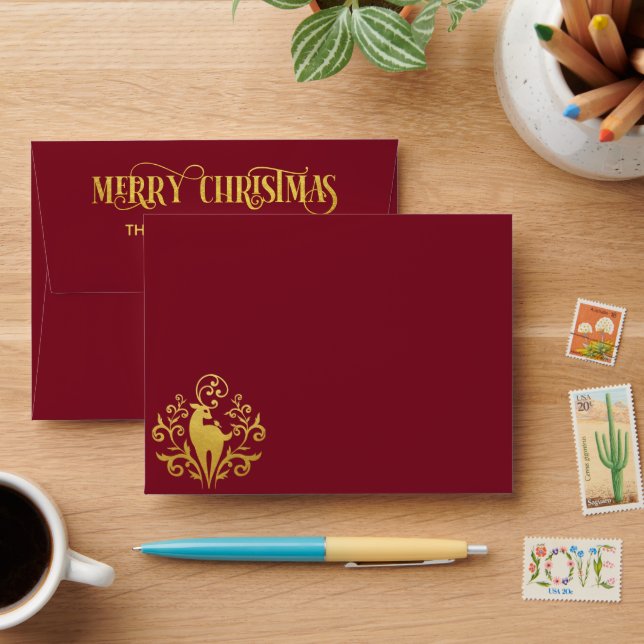 Merry Christmas Gold Deer Burgundy Red Envelope (Desk)