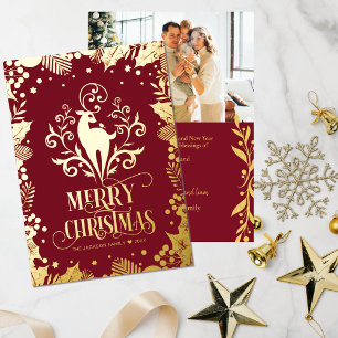 Merry Christmas Gold Deer Holly Family Photo    Foil Holiday Card