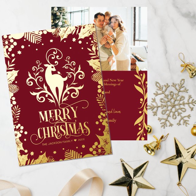 Merry Christmas Gold Deer Holly Family Photo    Foil Holiday Card (Creator Uploaded)