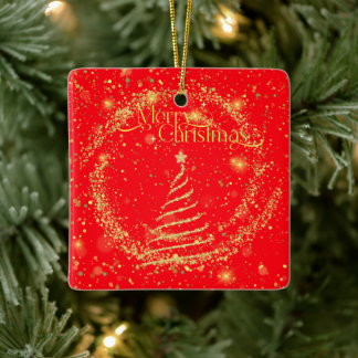 Merry Christmas! Gold Dust Against Red, Glittery  Ceramic Ornament