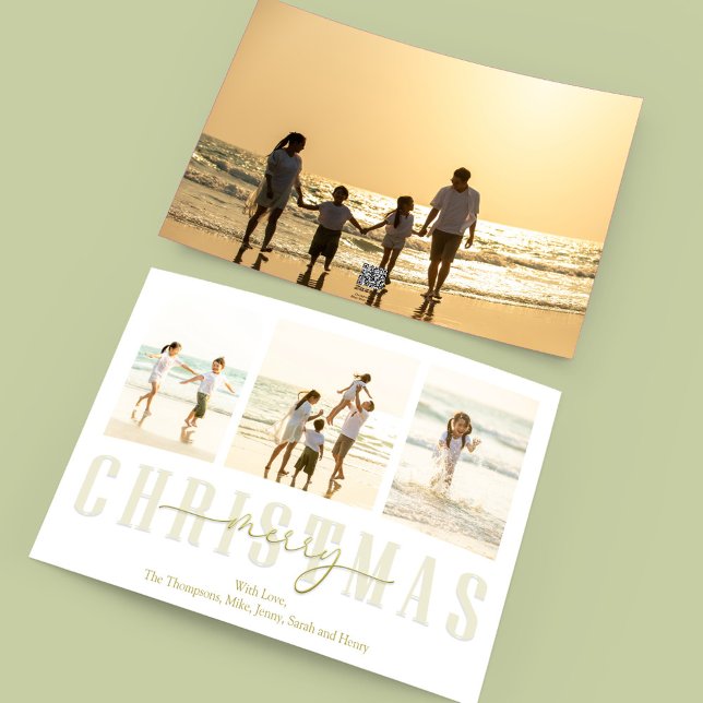 Merry Christmas Gold Elegant Calligraphy 4 Photo Holiday Card (Merry Christmas gold typography-style photo card with a four-photo template. )