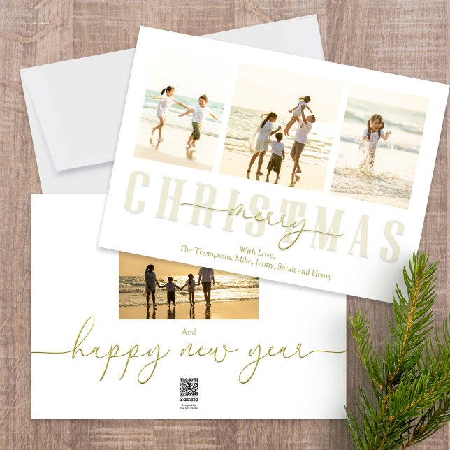 Merry Christmas Gold Elegant Calligraphy 4 Photo Holiday Card (Merry Christmas gold typography style photo card with a four photo template. )